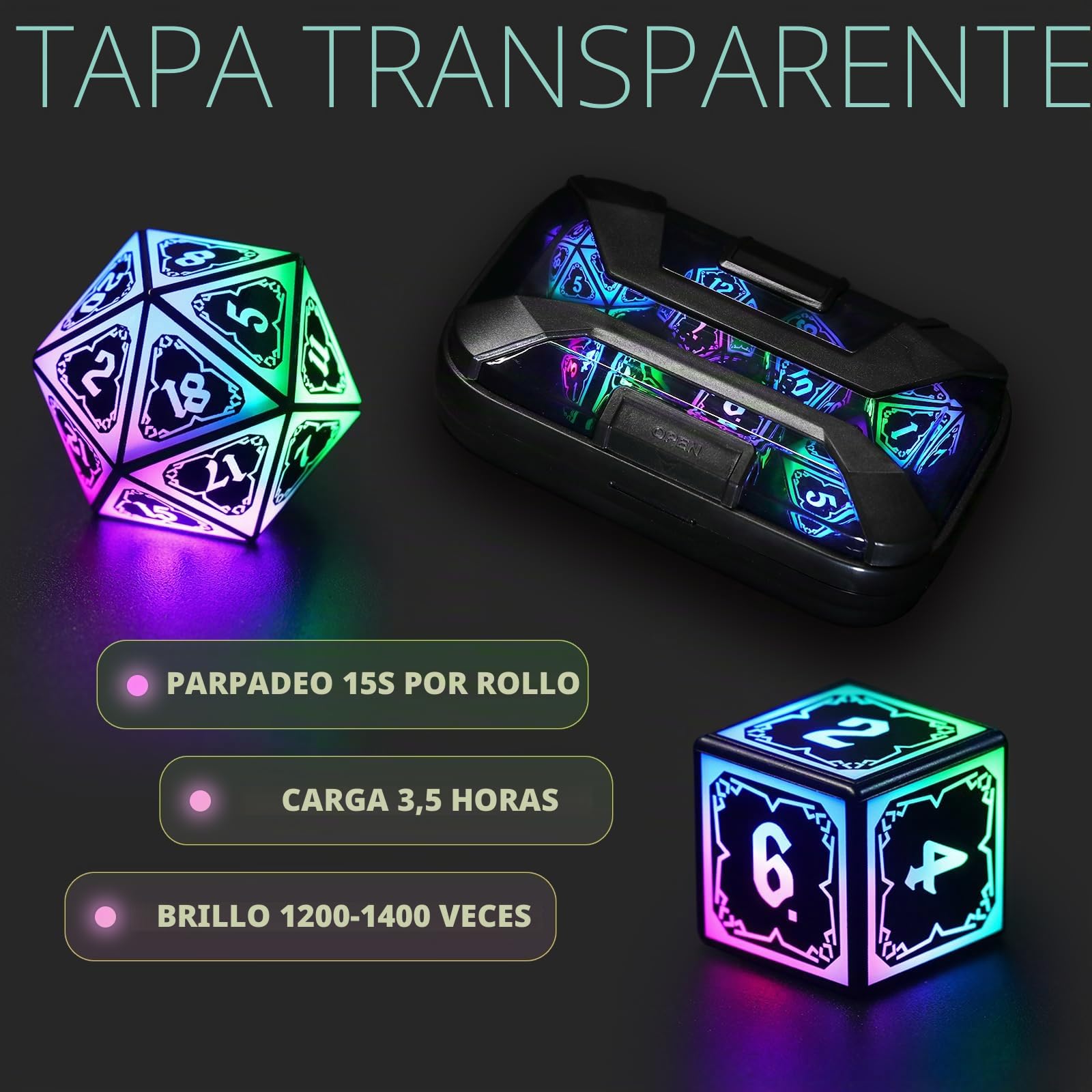 FONVGOGO Dados de rol para Dragones y Mazmorras Dados DND con Iluminación Inalámbrica y Estuche de Carga Dados rol Poliedricos DND Dice Set (Astral Shard Colorido)