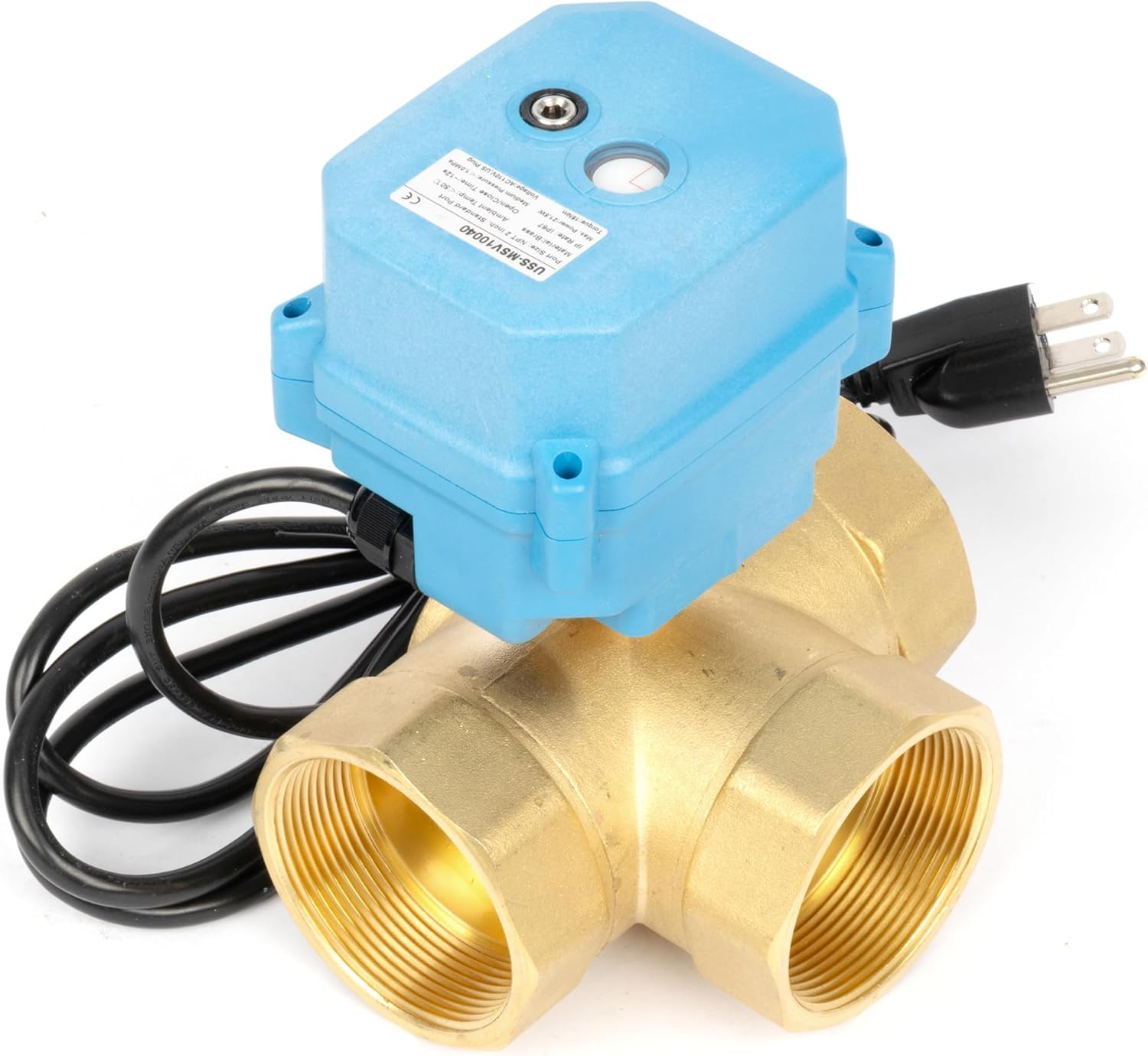 U.S. Solid 3 Way 2'' Brass Motorized Ball Valve AC 110V - 3-Way Valve with US Plug Manual Function - Heavy Duty Multipurpose L Type Water Shutoff - Standard Port