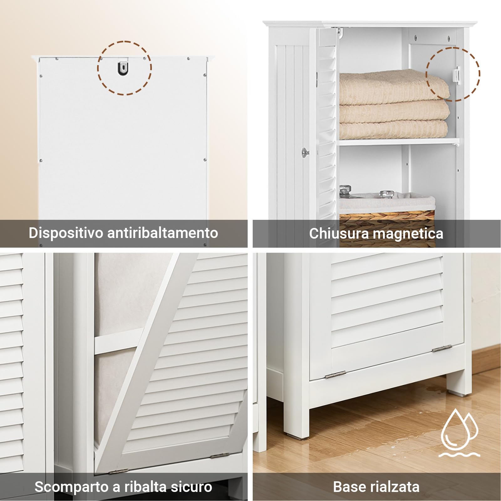 SoBuy Mobile Bagno Salvaspazio con Portabiancheria Armadietto Bagno Alto e Stretto per Ambienti Compatti, Mobiletto con Ripiani, Mobile Lavanderia Bianco 40x170x38 cm BZR124-W
