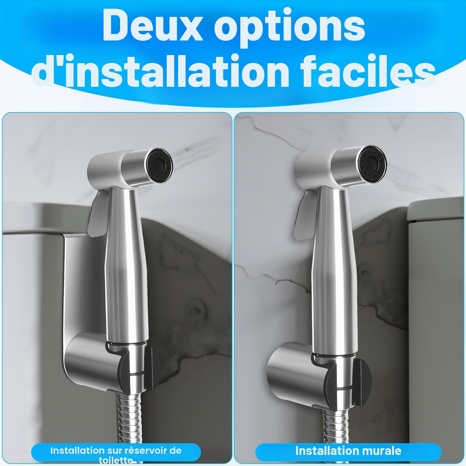 Kit de Douchette de Bidet en Acier Inoxydable, Kit Douchette WC avec Vanne 3 Voies (1/2"-3/8"), Pulvérisateur de Bidet à Main pour Hygiène Personnelle Animauxet Nettoyage Des Couches