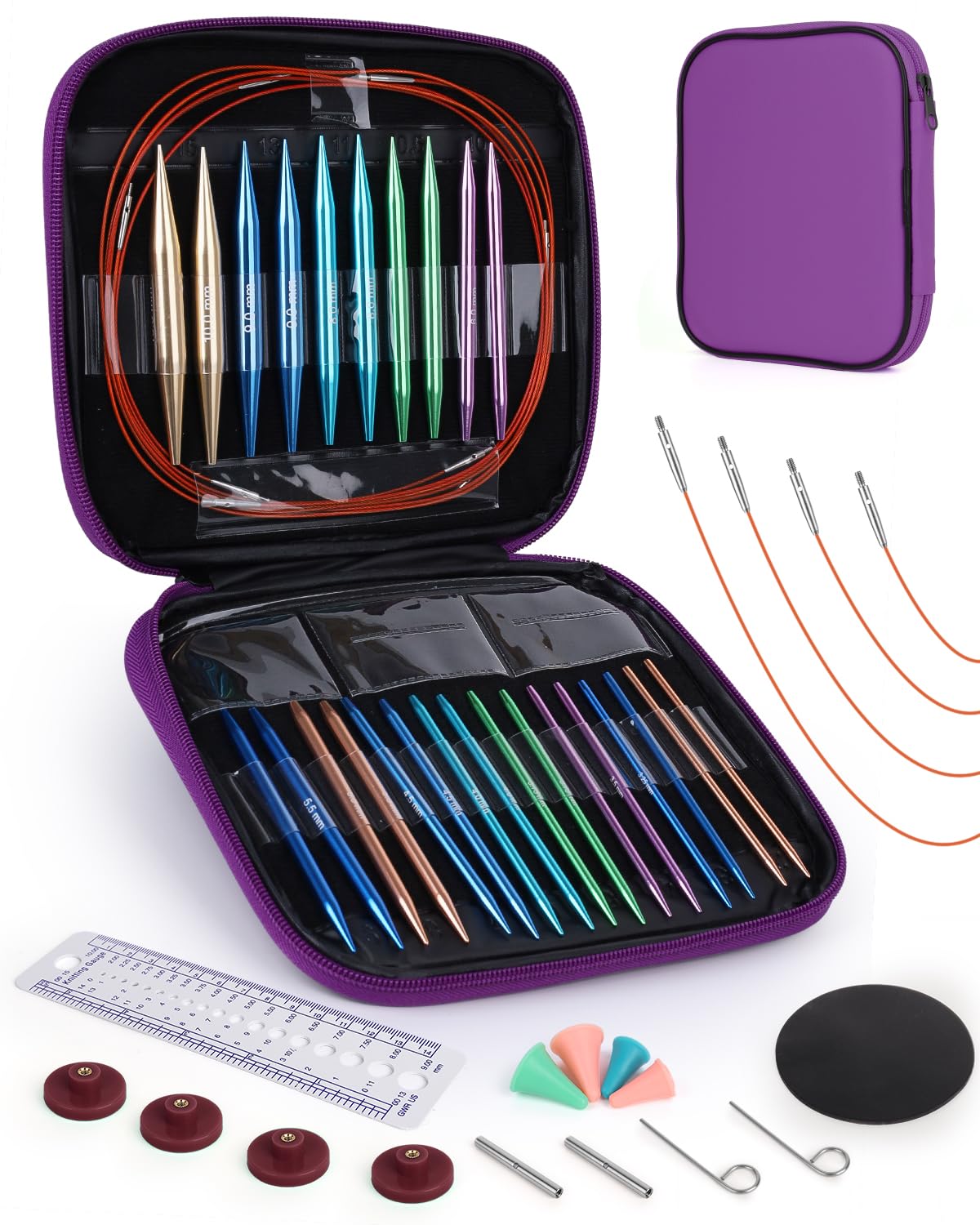 Aeelike Interchangeable Knitting Needles Set,13 Pairs Circular Knitting Needles Aluminum (Size 3.0mm-10.0mm) with 4 Cables for DIY Crafts Socks Blankets Cushions, Ideal Crochet Gift Purple