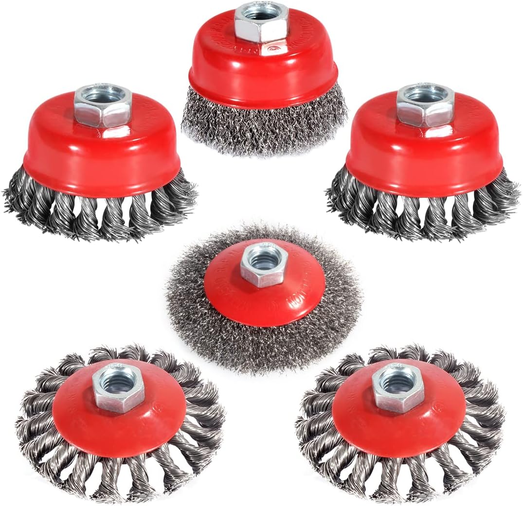 6 Packs 4&3 Inch Wire Wheel Brush Cup Brush Set, 5/8 Inch 11 Threaded Arbor, Grinder Wire Wheel, Carbon Steel Wire Brush for Cleaning Rust, Stripping and Abrasive Angle Grinder