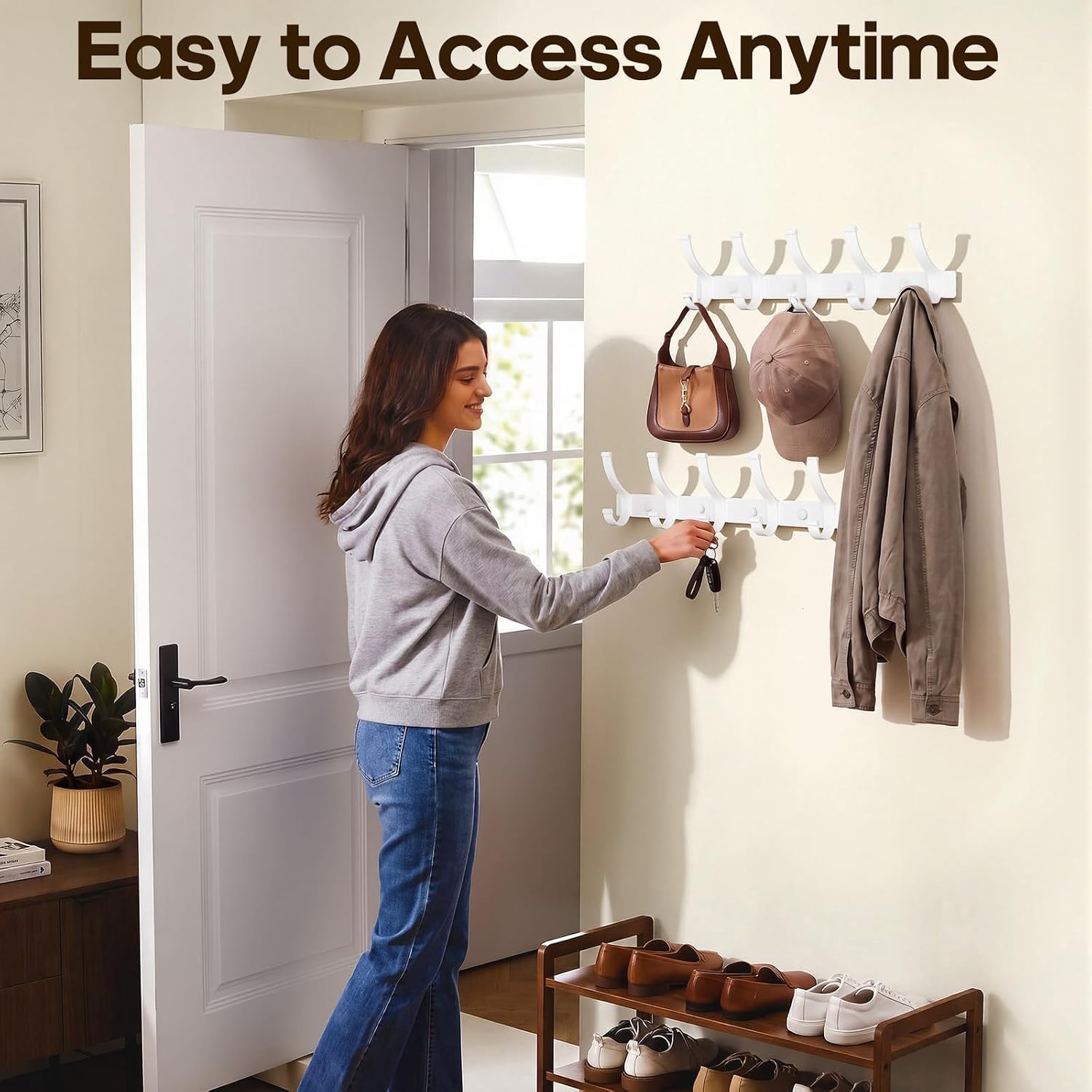 Optish 2 Pack Coat Rack Wall Mount, Heavy Duty Coat Hooks for Hanging,White | Entryway Coat Hooks for Hat, Towel, Bag, Key, Purse, Jacket, Bedroom, Bathroom, Door, Easy to Access & Install, Load 40 lbs