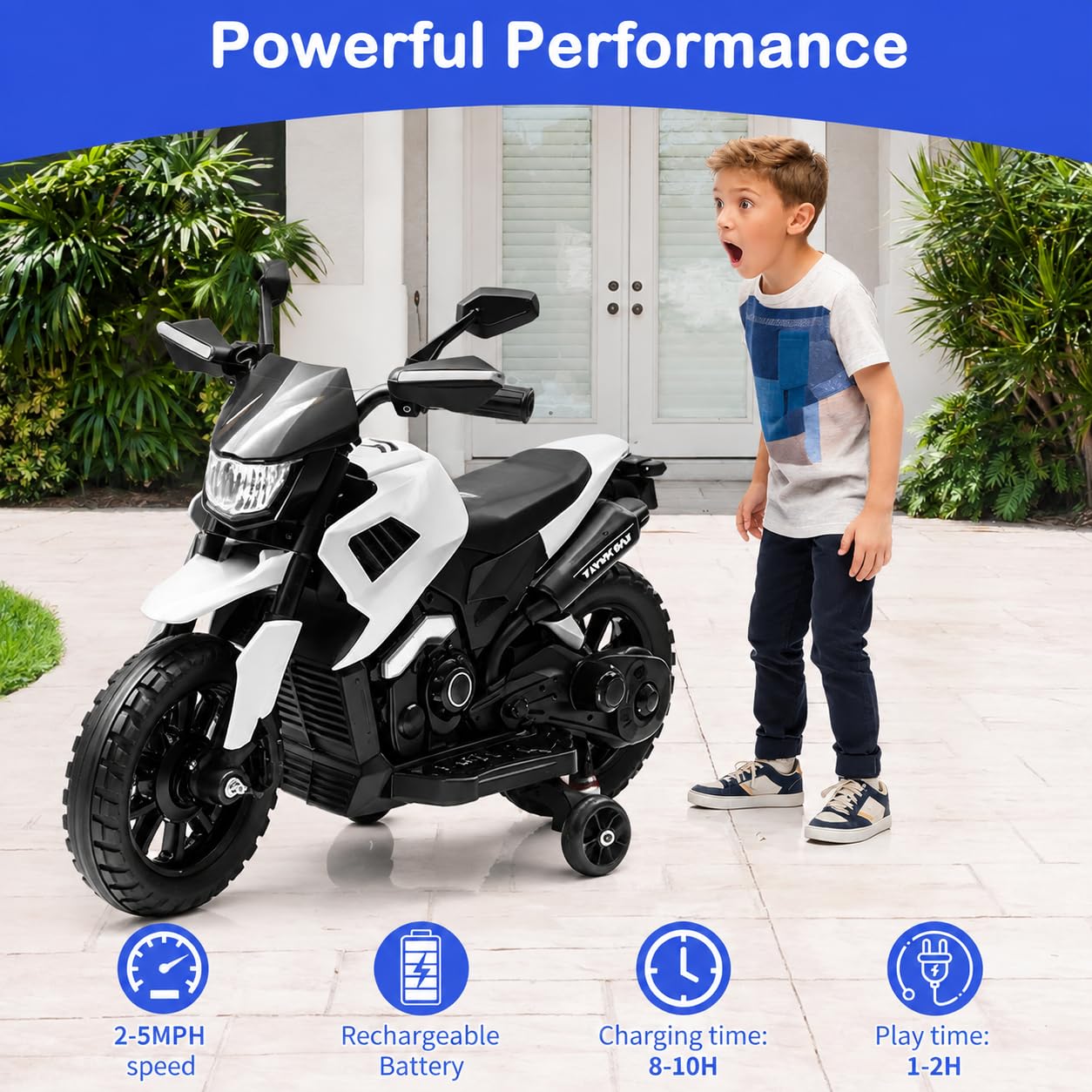 Garvee Moto Elettrica per Bambini 6V con Ruote Stabilizzatrici | Fari LED, Musica, MP3, USB, Batteria 6V4Ah, Velocità 3-8 km/h, Carico 30 kg, per Bambini 3-6 Anni, 85x42x58 cm, Bianco