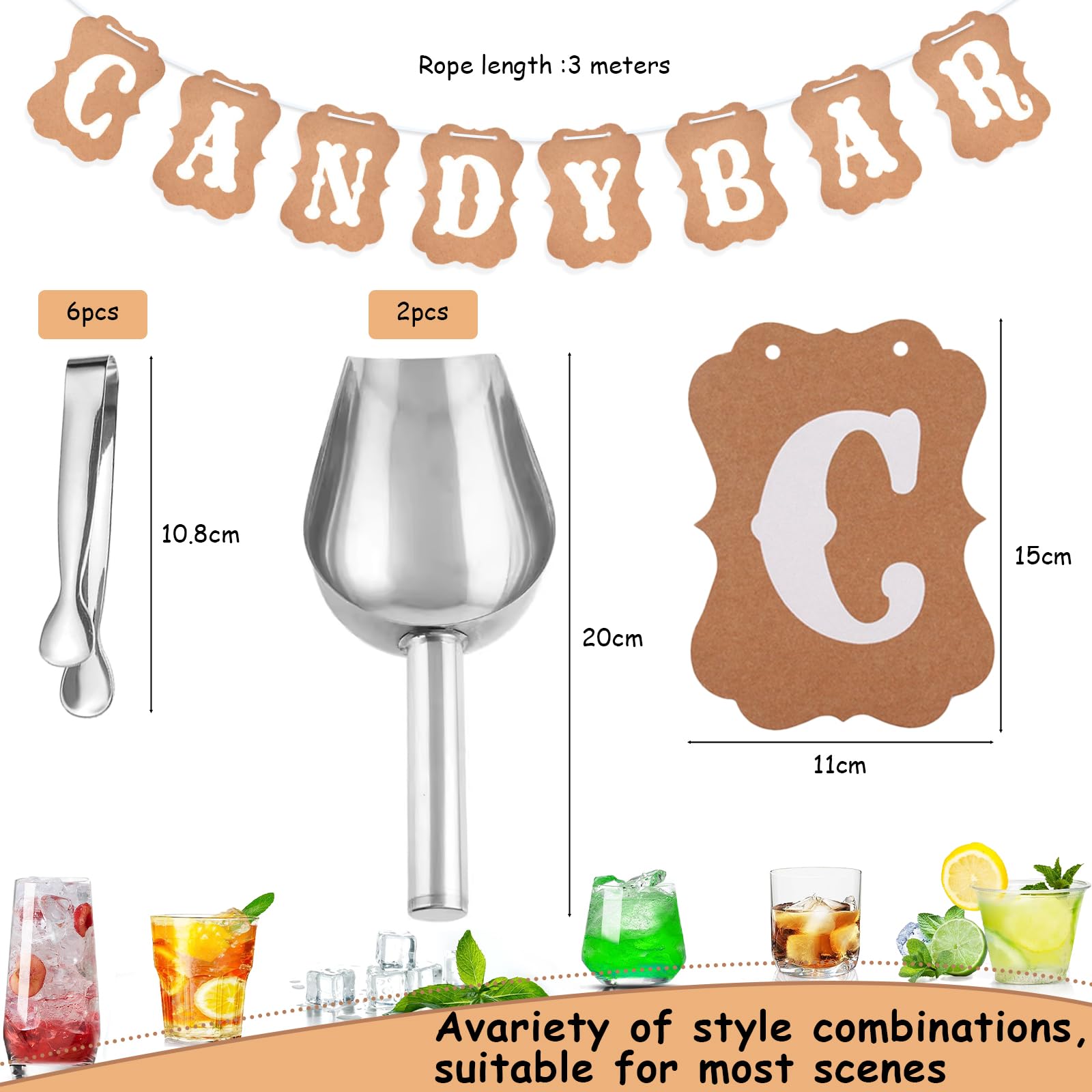 Candy & Bar Accesorios Deko Set, Incluye 6 Pinzas de Azúcar, 2 Palas y 1 Guirnalda Decorativa, Pinzas para cubitos de hielo para bodas y fiestas