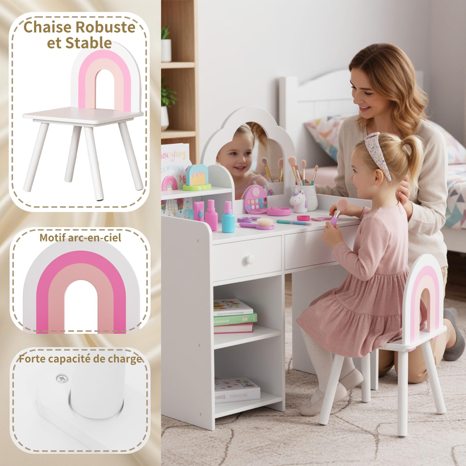 Clevich 2 en 1 Coiffeuse Enfant, Coiffeuse pour Fille avec Miroir et 2 Tiroirs, Casiers, Bureau pour Enfants avec Tabouret, Motif Arc-en-Ciel, Table de Maquillage pour Enfants 3 à 8 Ans (Blanc)