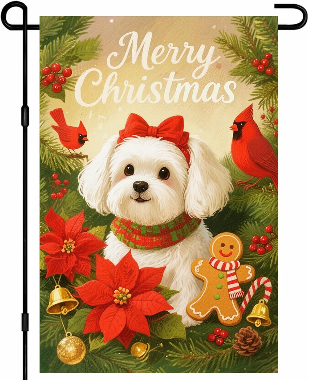 IVN Christmas Garden Flag 12x18 Inch Double Sided Bichon Frise Dog with Poinsettia Flowers Red Birds and Gingerbread Man Christmas Outdoor Yard Flag for Outside Home Front Door Lawn Porch Patio Welcome Decor