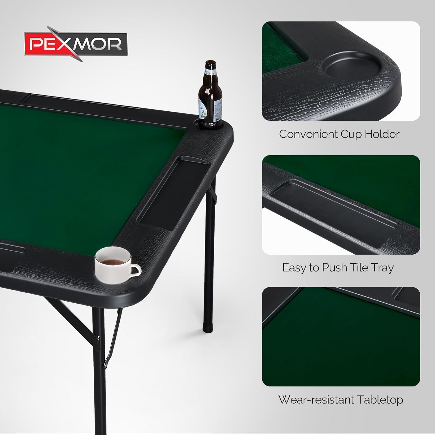 PEXMOR 35" Foldable Mahjong Table, 4 Player Card Game Table w/Cup Holders & Chip Grooves, Portable Folding Poker Domino Board Game Table for Blackjack, Texas Hold'em, Jigsaw Puzzles Game