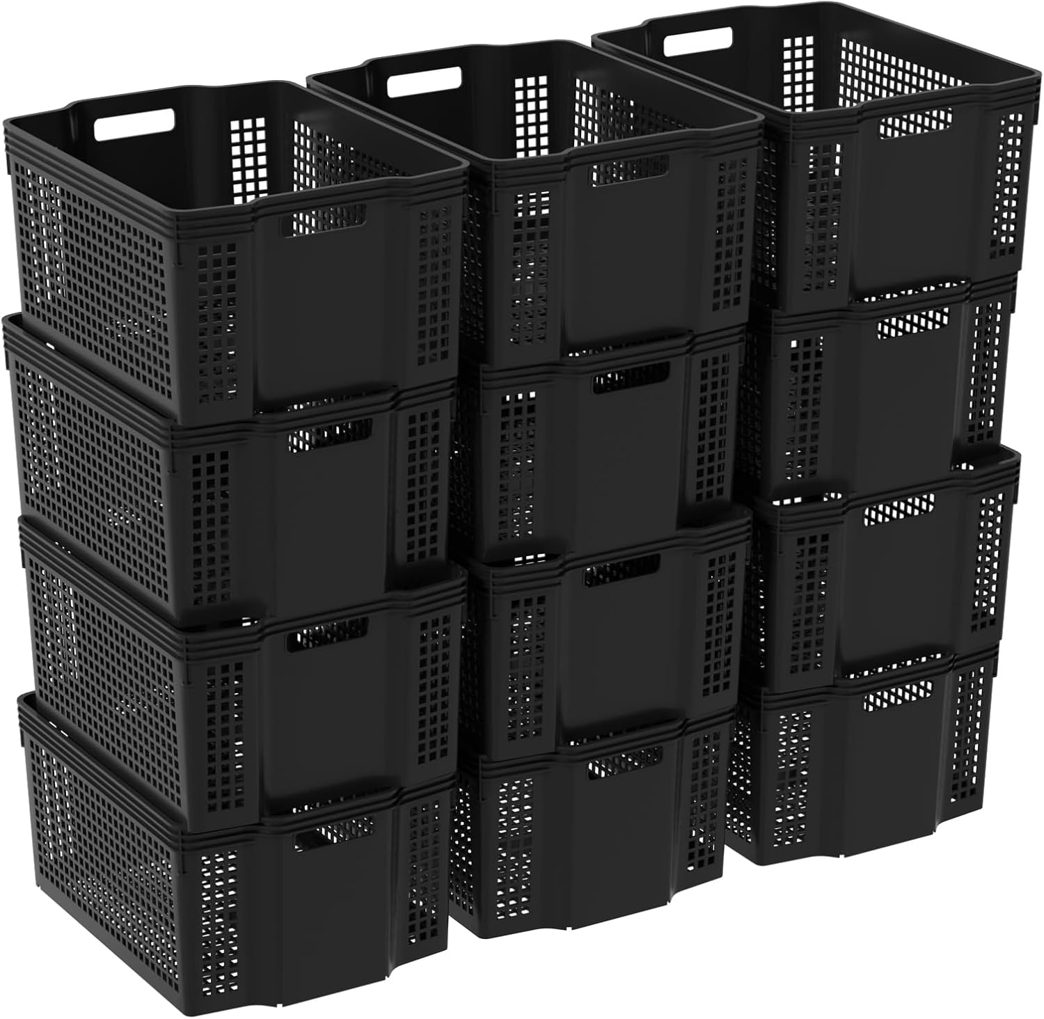 12 Packs Plastic Stackable Storage Baskets, Large Storage Plastic Basket, Black
