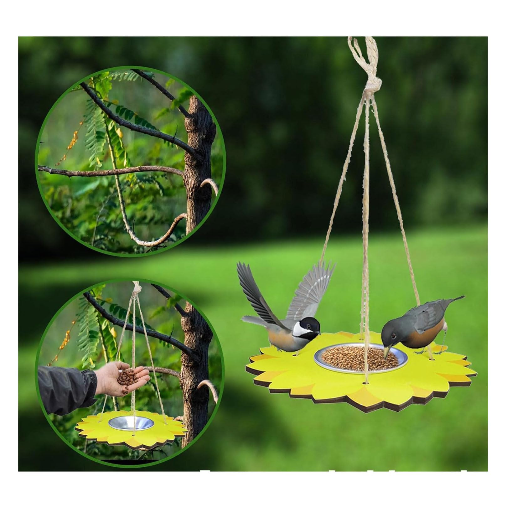 Automatische Vogelhäuschen für den Außenbereich. Hängende Futterschalen für Vögel aus Holz. Vogelhäuschen in Blumenform zum