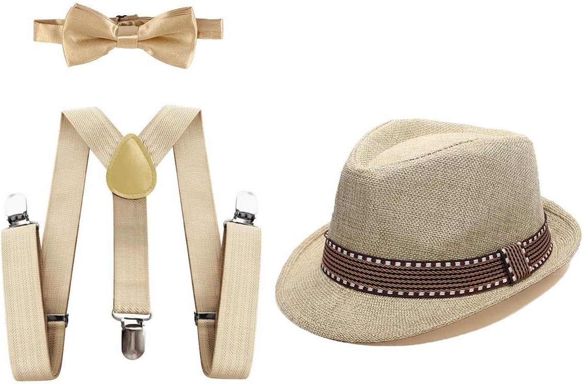 1920s Kids Costume Accessories Set Boys Party Outfits Adjustable Suspenders Pre-Tied Bow Tie Short Brim Fedora Hat