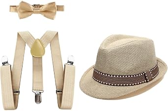 MYRISAM Kids 1920s Themed Party Costume Accessories Set Fedora Gangster Hat Adjustable Suspenders Bow Tie 3pcs Outfits