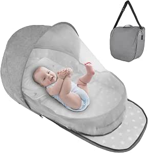 Portable Baby Bassinet for Travel and Home - Foldable Bedside Sleeper with Mesh Canopy and Storage