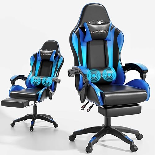 Mr IRONSTONE Silla para videojuegos, silla de computadora con soporte lumbar de masaje y reposapiés ajustable en altura, silla de juego con asiento