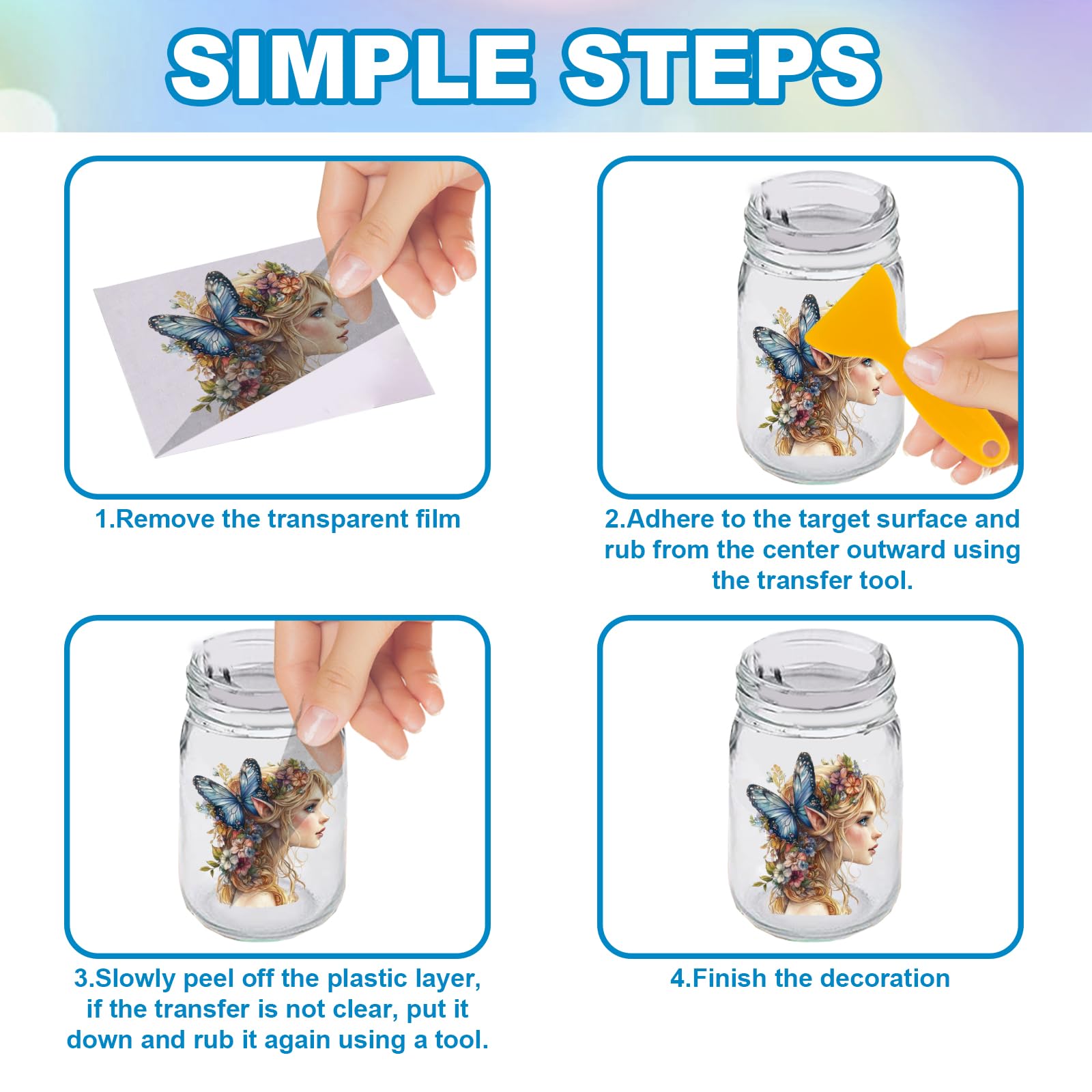 GLOBLELAND 18 Sheets Fairy Rub on Transfer 3.9x3.6inch Colorful Elf Flower Vase Home Decals Butterfly Wings Cup Transfer Stickers for Furniture Vase Glass Art Crafts Decorations - Image 3