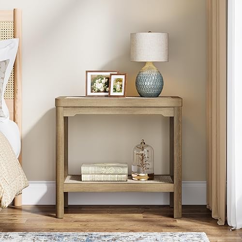 Miniatura 8 de Juego de 2 mesitas de noche, mesa auxiliar de granja con estantes de ratán bohemio de 2 niveles, mesas auxiliares para sala de estar con diseño