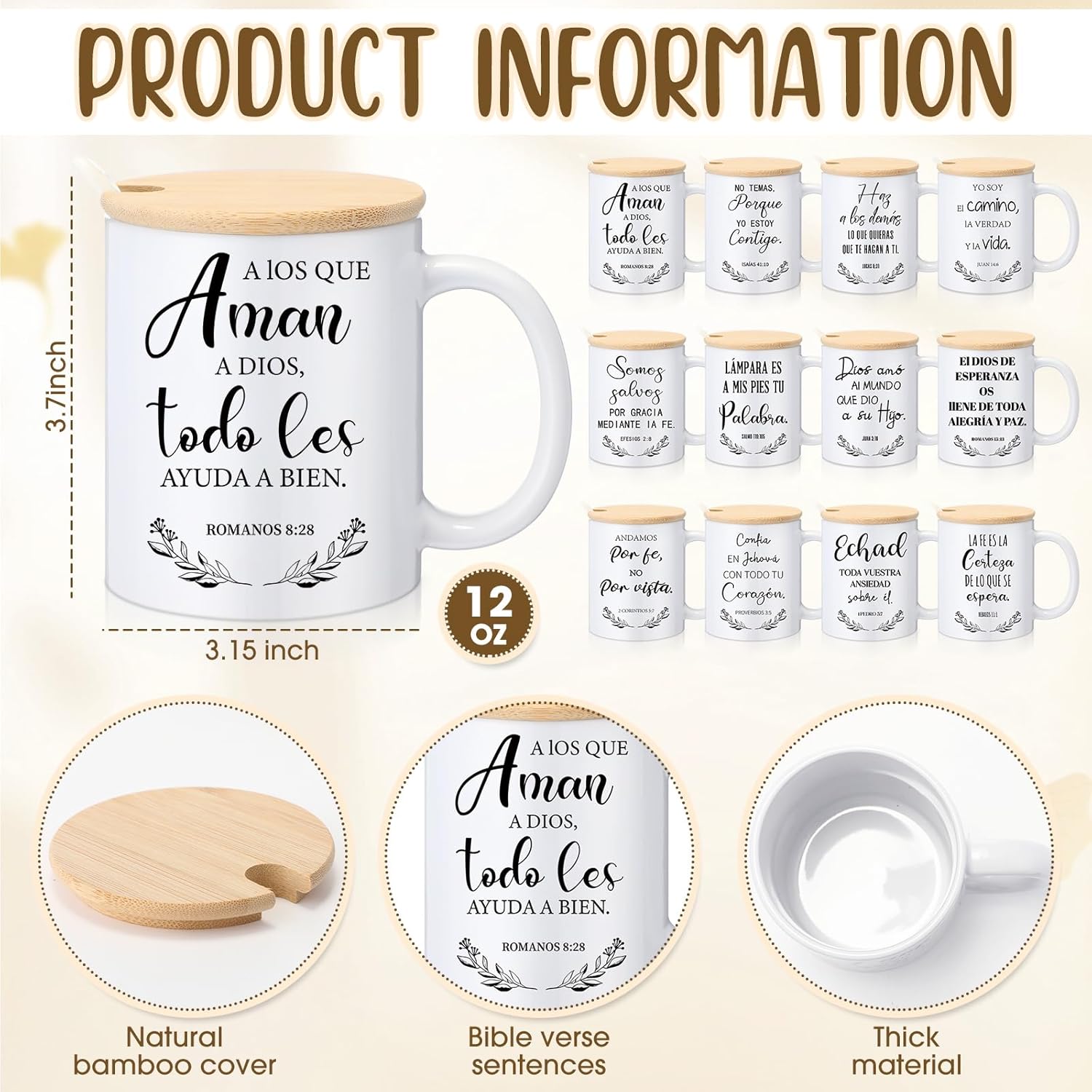 12 Sets Christian Gifts Bulk Religious Mugs 12oz Bible Verses Ceramic Coffee Cup with Lid Handle Spoon Inspirational Mug Church Gift for Coworker Employee Staff(Spanish) - Image 2