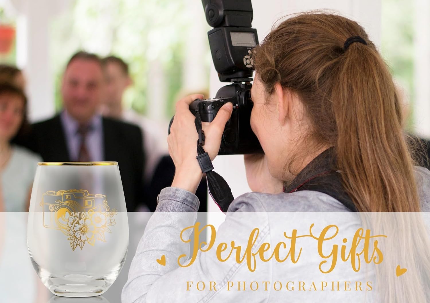 Onebttl Photography Gifts for Photographers for Women for Birthday, Christmas, 17 oz Stemless Wine Glass - Gold