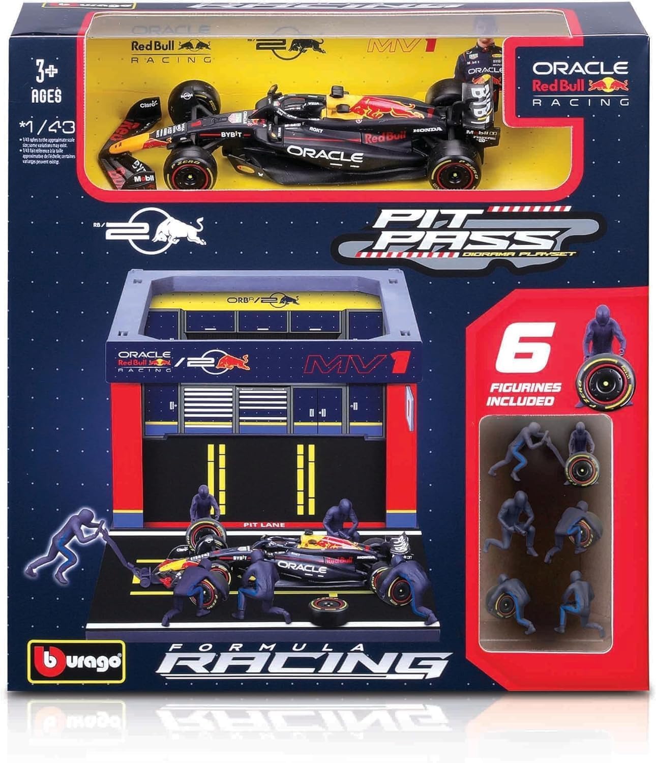 - Formula 1 car Compatible with Red Bull Pit Stop Diorama Max Verstappen #1 Formula 1 World Champion 2024 + 6 1/43 Scale Figures Bburago 38453