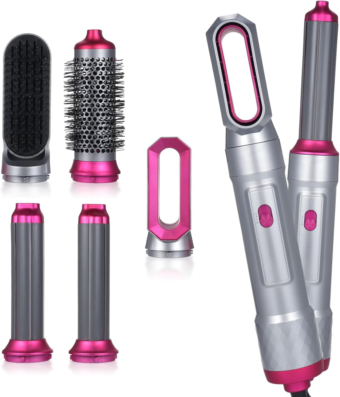 5-in-1 warme luchtborstelset, airstyler set, stylingborstels met haardroger, ronde borstelföhn, airflow krultang, automatisch, stijltang om te drogen, volumiseren, glad maken, steil haar (roze)