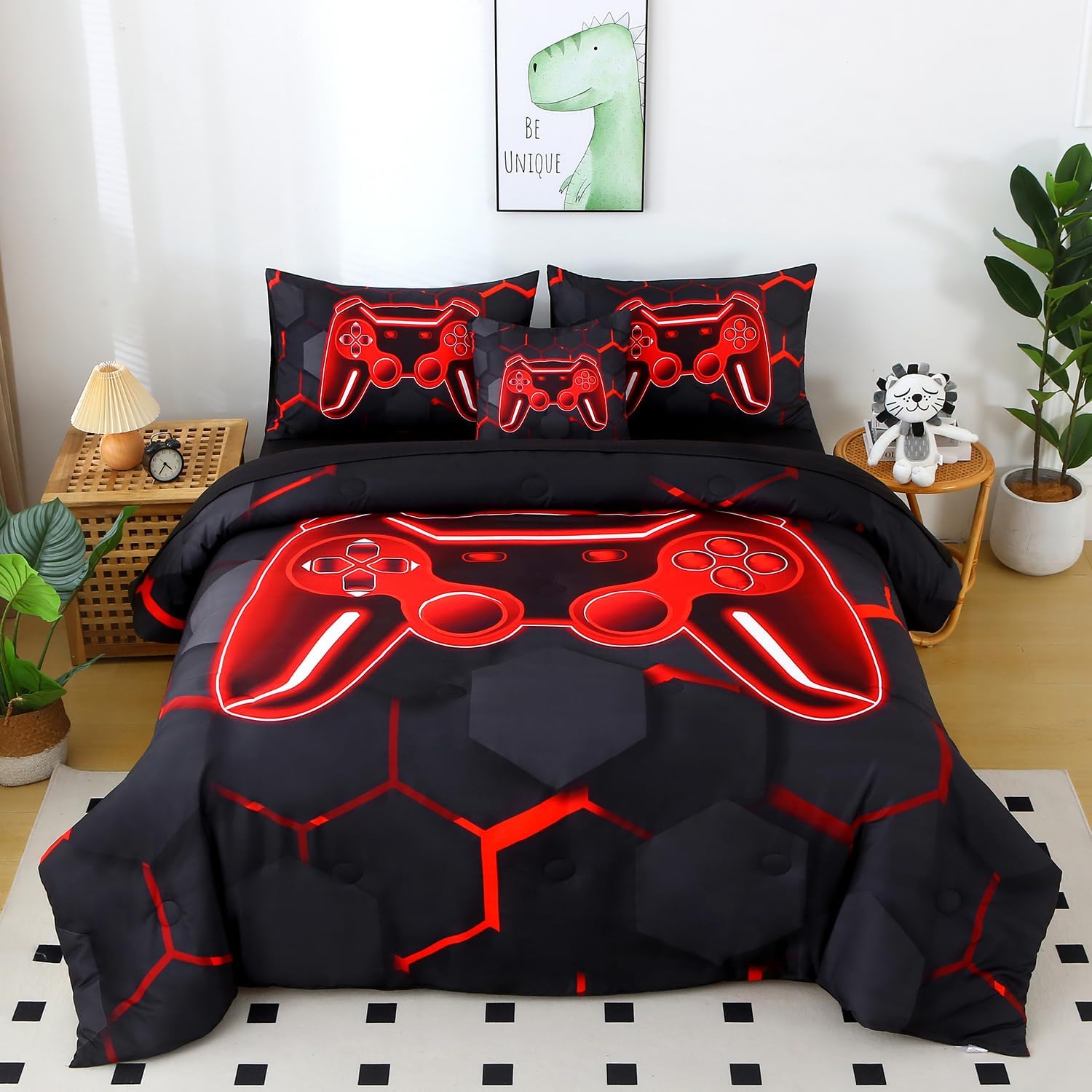 6 Pieces Kids Gaming Bedding Set Black and Red Twin Comforter Set for Boys 3D Video Game Teen Boy Bed in A Bag Honeycomb Gamer Comforter and Sheet Set (Black Red, Twin)