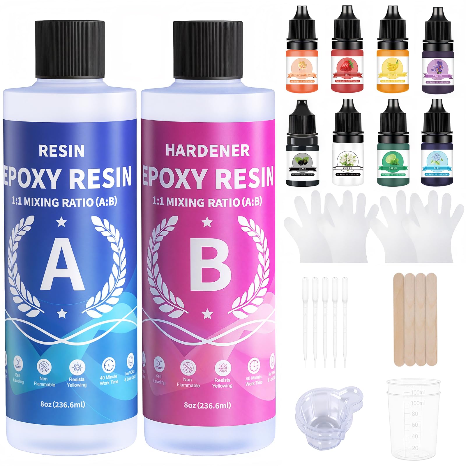 Minlebao Crystal Clear Epoxy Resin Kit 16oz/474ml, High Gloss Bubble-Free Coating & Casting for DIY Art, Jewelry Making, River Tables - 1:1 Ratio with Measuring, Pigment and Usage Toolsβ