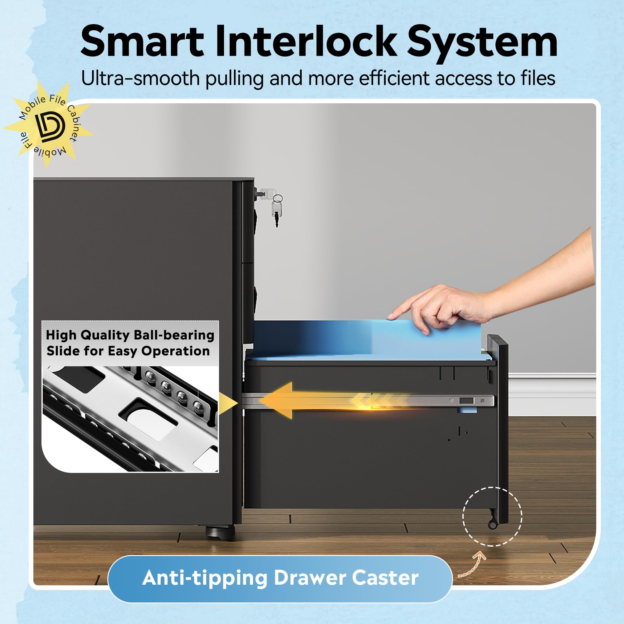 DEVAISE 3-Drawer Slim File Cabinet, Small Mobile Filing Cainet with Lock for Home Office, Fits Letter/Legal/A4 Size, 11.8 x 17.7 x 23.2 Inches (Pre-Assembled, Black): Black 17.7" D x 11.8" W x 22.8" H