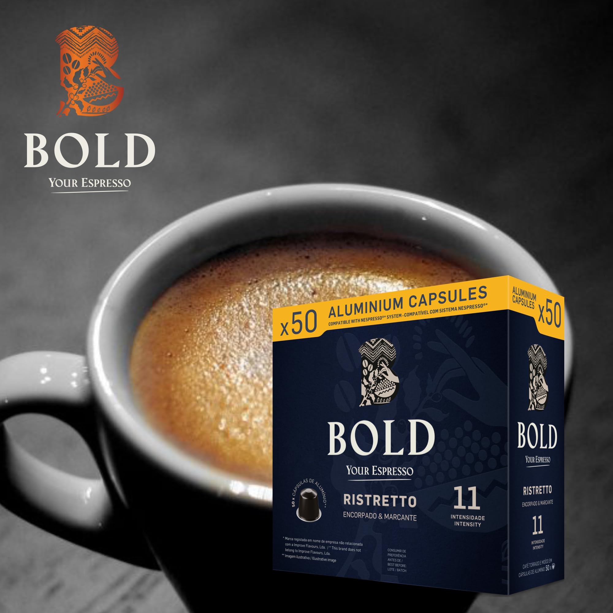 BOLD Cápsulas de Café Ristretto Compatibles con Nespresso, 200 Cápsulas de Aluminio, Intensidad 11, Café Espresso Intenso y Cremoso