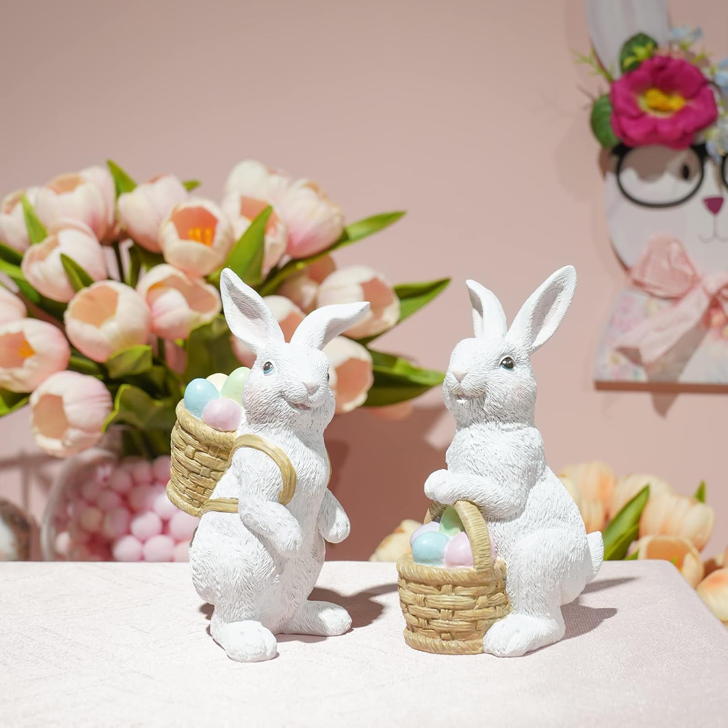 Easter-Basket Bunny-Decor-Figurines Home-Decorations - 2PC Easter Decorations Table Ornaments Resin Spring Bunny Carry Egg Basket Tabletop Decorations for Home Farmhouse 5.25H inch Newman House Studio - Image 7