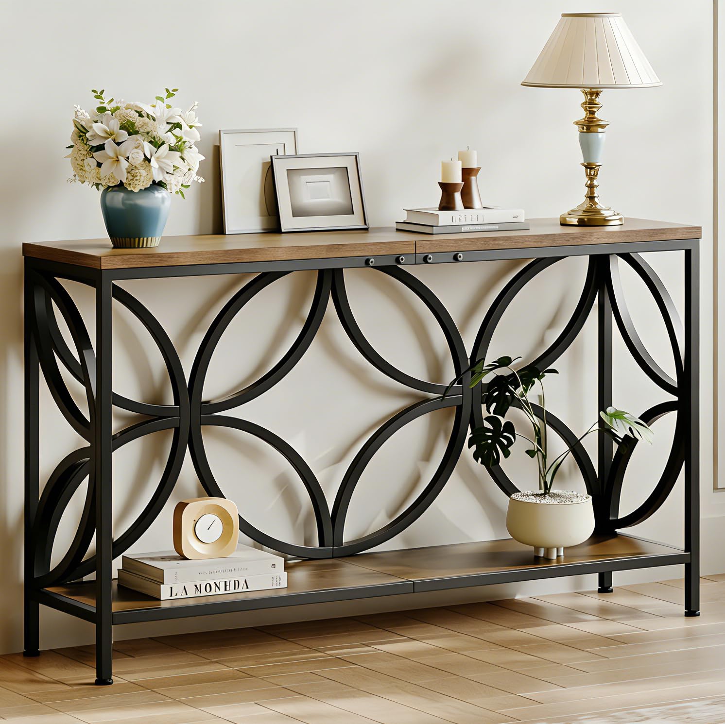 Tohomeor Narrow Sofa Table Industrial Modern Sofa Table Behind Couch, Entry Console Table with Storage for Entryway, Living Room, Foyer, Flower Design (Rustic Brown, 120cm)