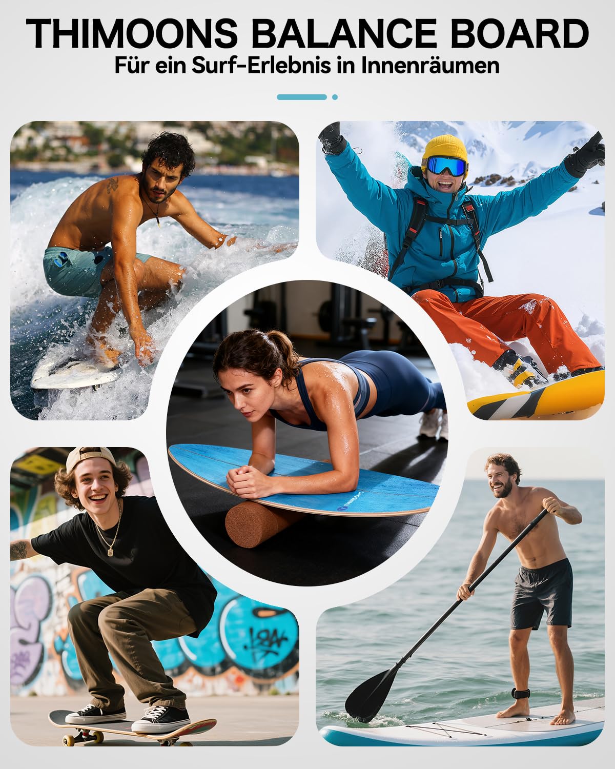 Balance Board Erwachsene | Rutschfeste Oberfläche & Rocker Shape | Surf Balanceboards für Surf Core-Training, Fitness, Reha & Koordination,inkl. Rolle, Halbkugel und Balance Ball