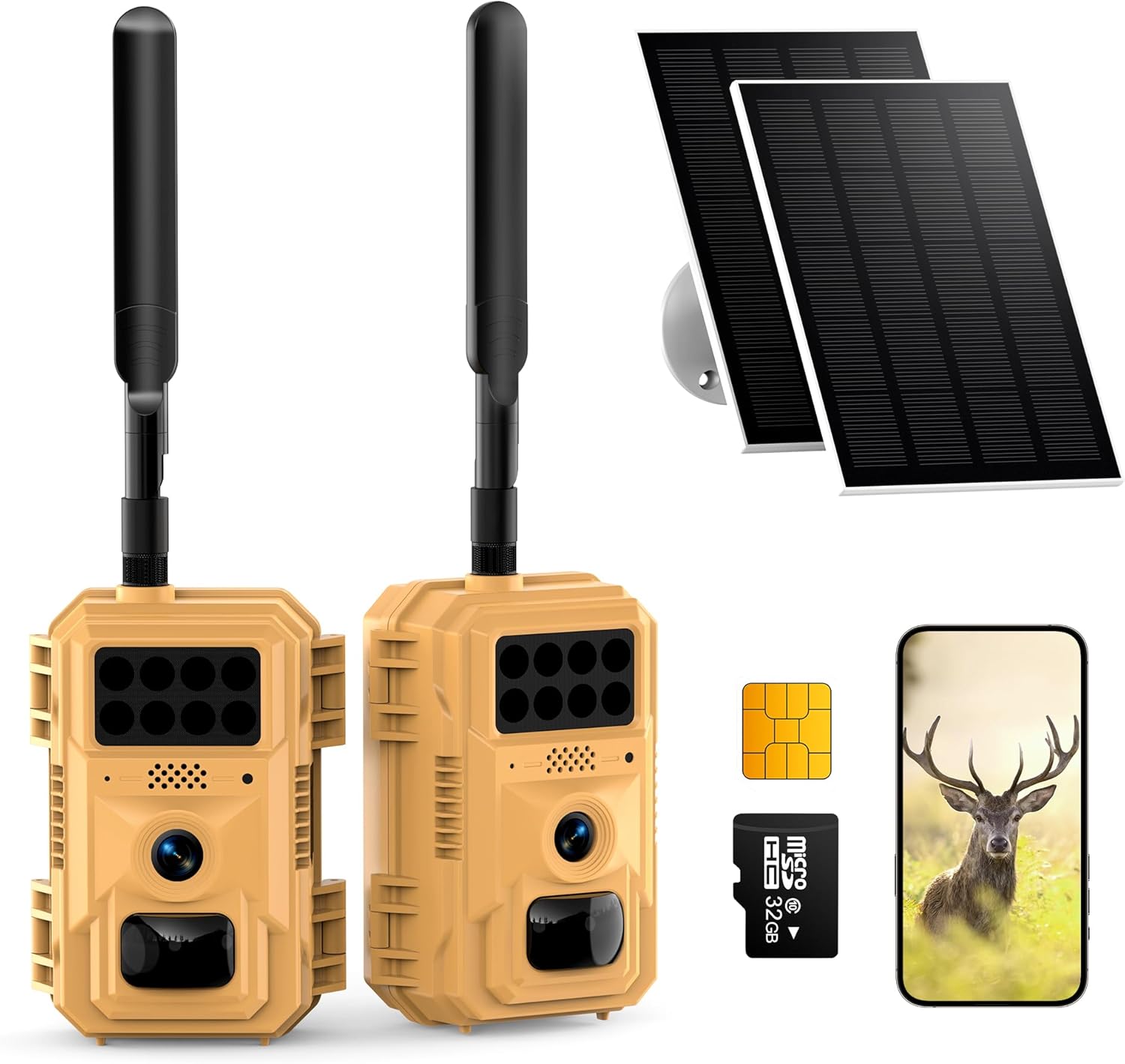 2 Pack 2K Cellular Trail Cameras, 4G LTE Solar Game Cameras No WiFi Needed, No-Glow Night Vision Motion Activated Waterproof Hunting Cameras with SIM Card & 32GB SD, Deer Hunting Gear for Men