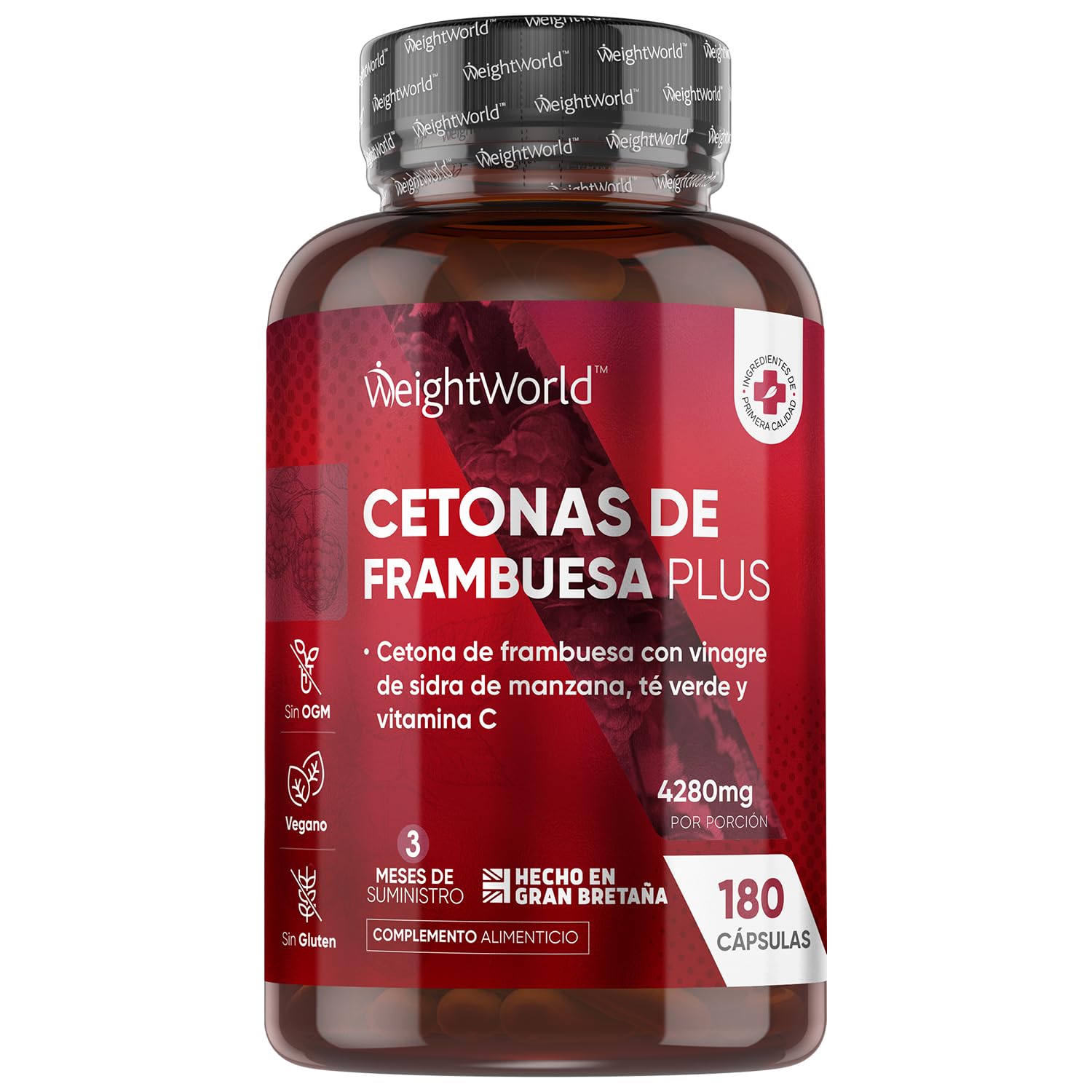 Cetonas de Frambuesa Plus 4280mg, 180 Cápsulas Veganas, 3 Meses de Suministro - Con Vinagre de Sidra de Manzana, Té Verde, Baya de Acai en Polvo, Pectina de Manzana, Vitamina C y Más, Sin Gluten