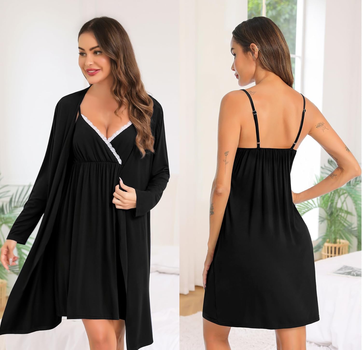 SWOMOG Womens Maternity Robe 2 Piece Nursing Nightgown for Breastfeeding 3 in 1 Labor Delivery Nursing Dress Lace Bathrobe - Image 6