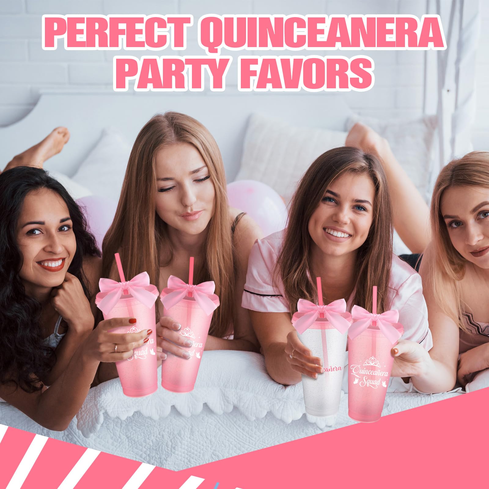 Jingmore 6 Pcs Quinceanera Party Favors for Guests 15th Quinceañera Squad Reusable Tumbler with Straw Lid Twist Bow 24 oz Spanish Gift 15 Birthday Party Thank You Gifts (Pink)