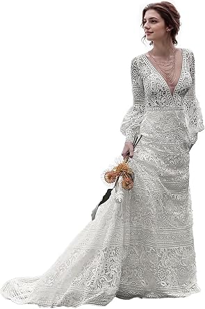 Lace Wedding Dresses for Bride Boho Long Bridal Dress Beach Bridal Wedding Gown with Train