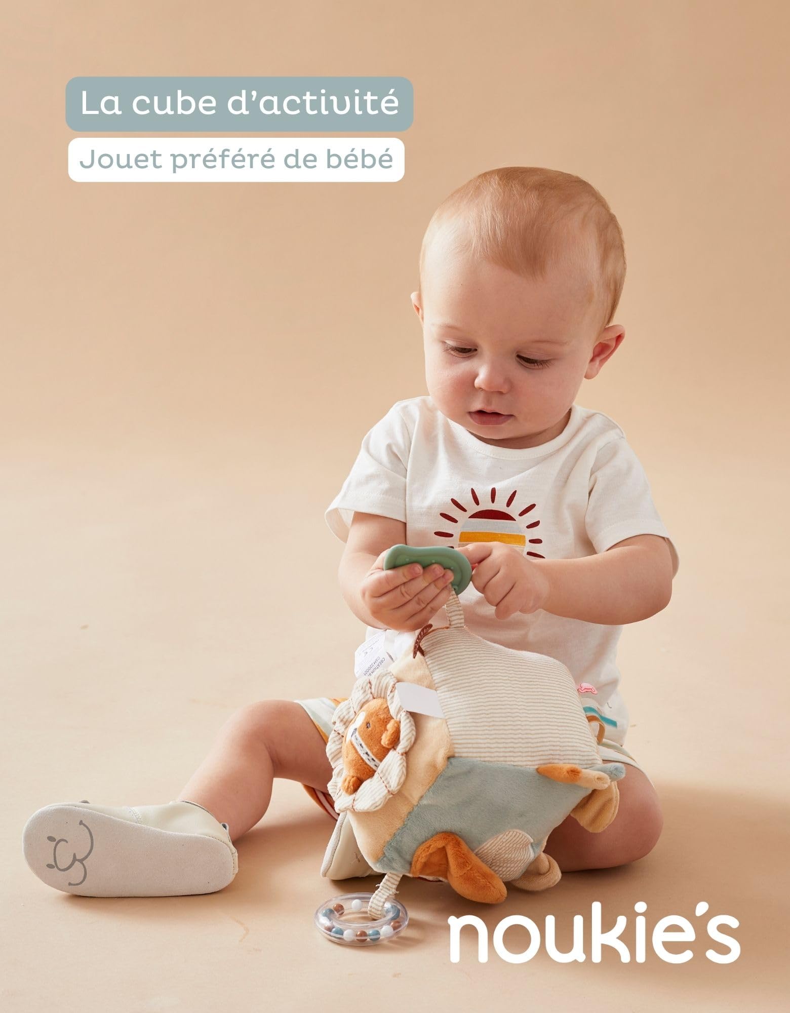 NOUKIE'S - Cube d'activités pour bébé - Jouet d'éveil - Caramel - Babou & Kendi - Cadeau naissance