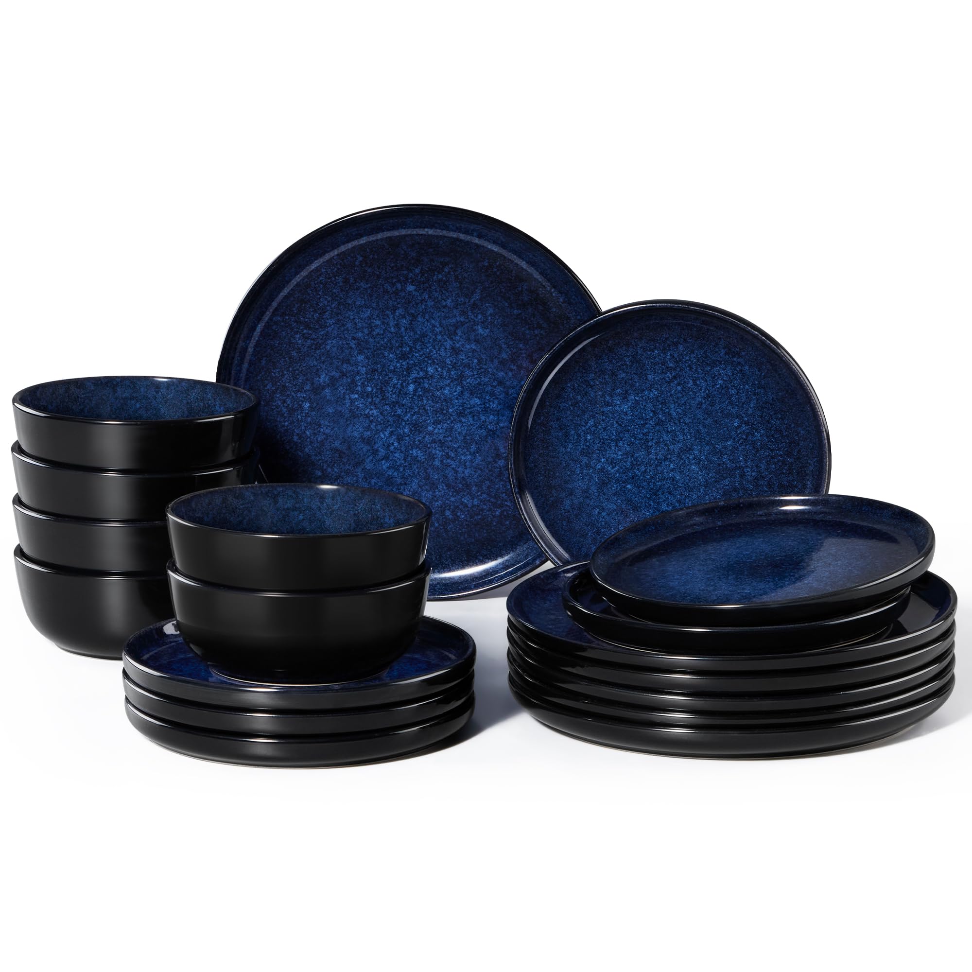 HaWare Geschirrset 6 Personen, 18-tlg Steingut Geschirr Teller Set Reaktive Glasur Tafelservice Set mit Speiseteller Dessertteller und Müslischüsseln, Mikrowellen- und Spülmaschinenfest, Edelblau