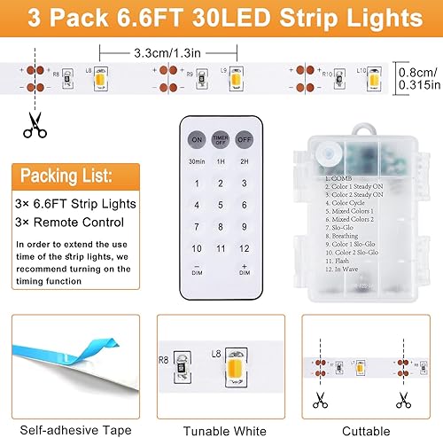 Miniatura 5 de Paquete de 3 tiras de luces LED de 6.6 pies, funciona con pilas, tira de luz LED blanca cálida y blanca fría, funciona con pilas, luz flexible y