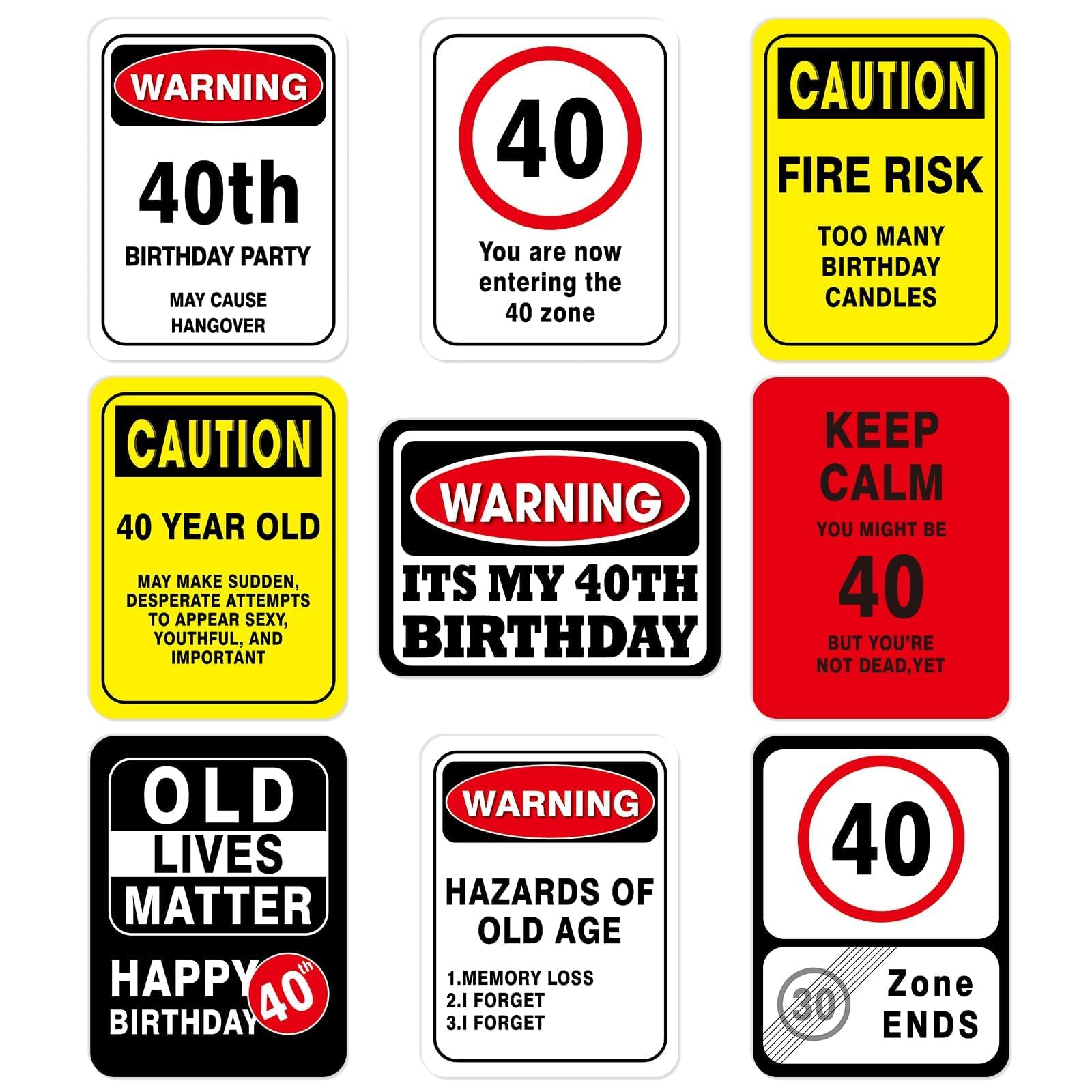 40th Birthday Party Decorations - 9PCS Wall Signs Funny Tags for Adults 40 Years Old Party Decor 40 Zone Table Centerpieces Yellow Caution Logos on Door Windows Yard Garden Banner Tea Party Supplies