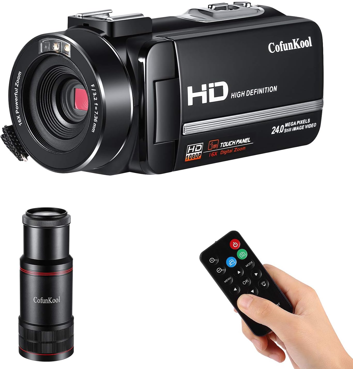 Video Camera, CofunKool Camcorder 1080P Full HD 16X Digital Zoom 3.0 IPS Touch Screen Night Vision, with Monocular Remote Control, Vlogging Camera for YouTube