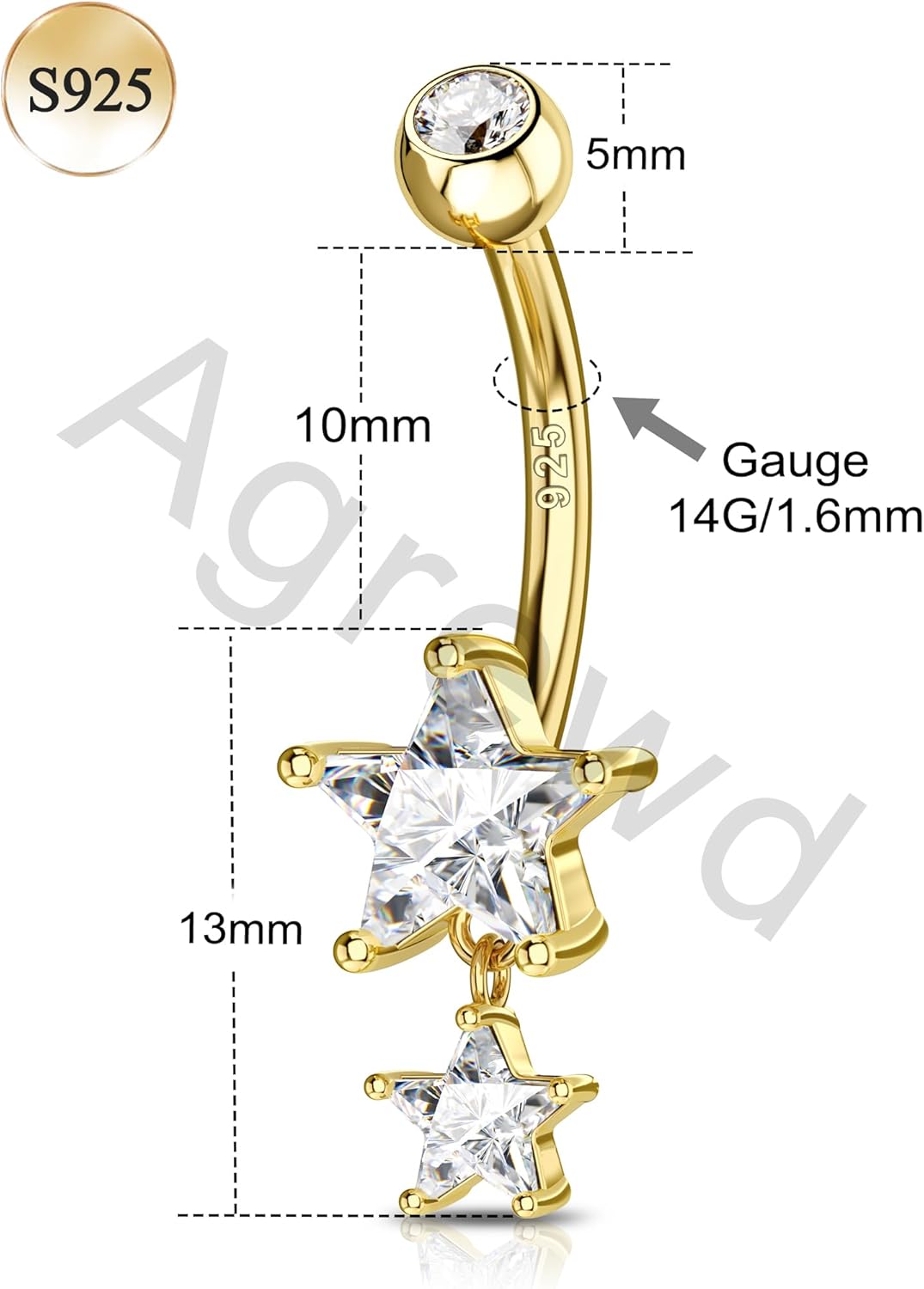 14K Gold Plated Belly Button Rings - Dangle Star 925 Sterling Silver Navel Rings for Women - 14G Belly Piercing Jewelry - Image 7