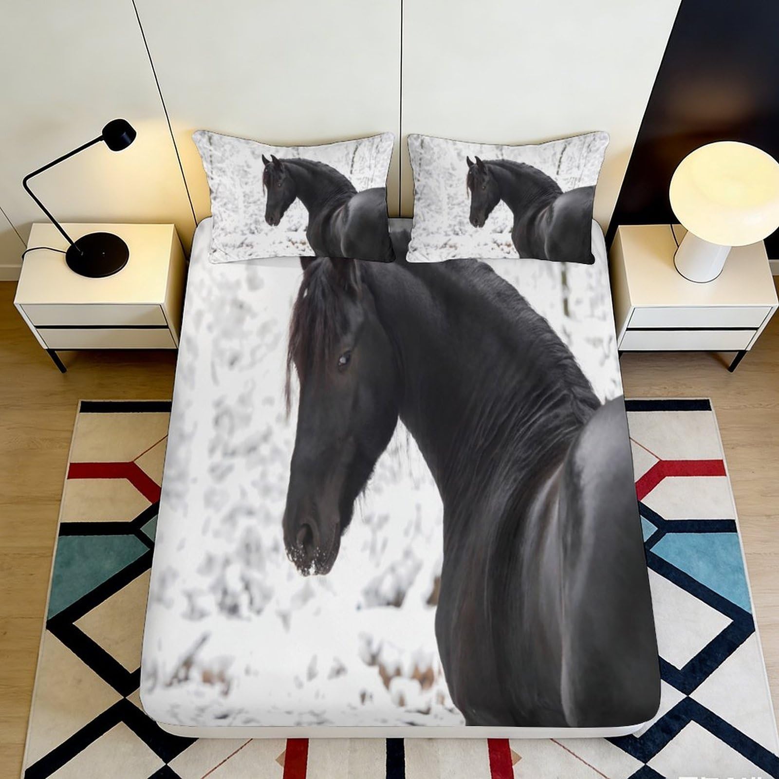 3D Printed Black Horse Fitted Sheet Microfiber Deep Pocket Non-Slip Horse Mattress Fitted Cover Bedroom for Adults Teens 200x200x25cm 90x200x25cm