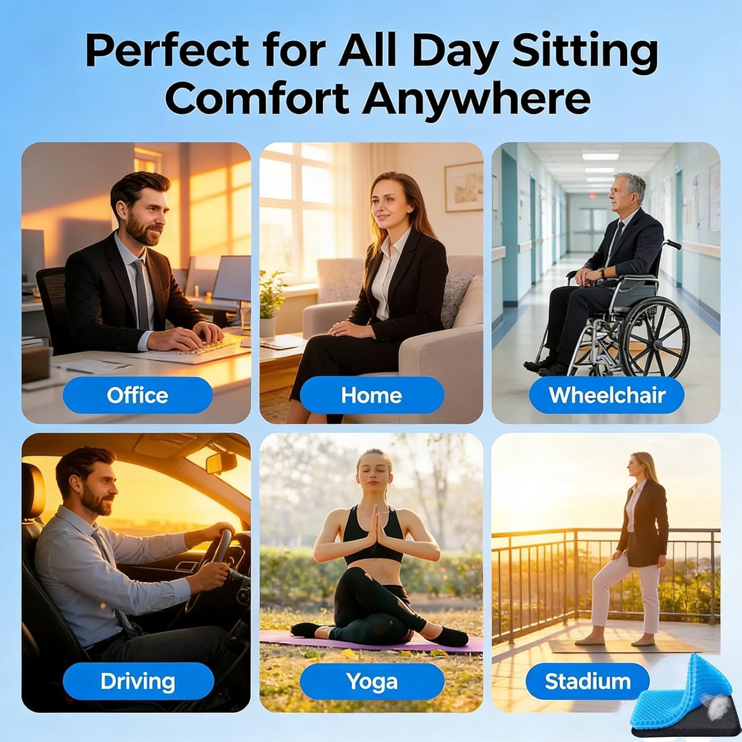 Volosso Seat Cushion,Ergonomic Gel Seat Cushion for Long Sitting, Tailbone and Coccyx Pain Relief, Wheelchair Pad, Gel Cooling Game Chair Pads for Car Truck Driver (Blue,S(42 * 36 * 3.5cm))