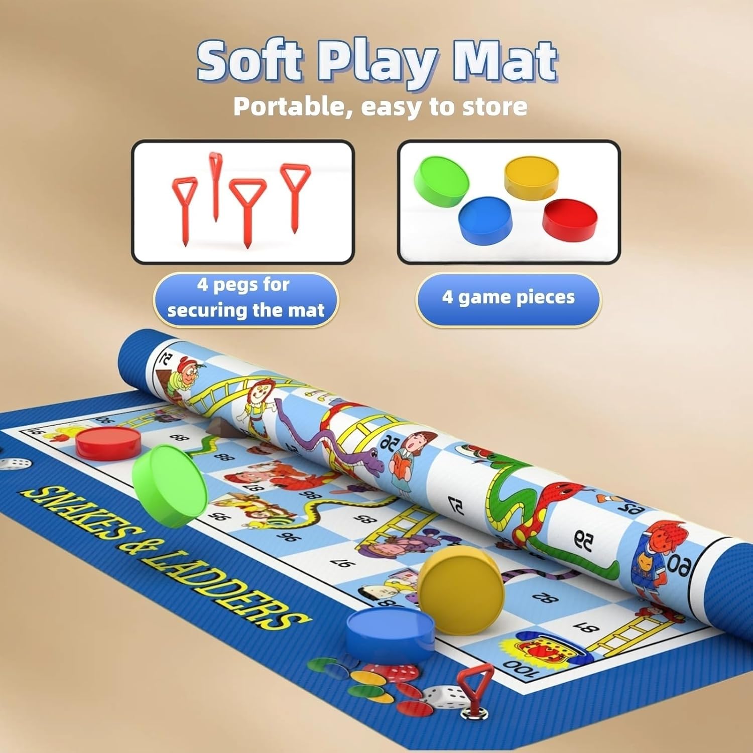 Snakes and Ladders Board Game for Kids and Adults - Extra-Large 5.8 ft Indoor Outdoor Floor Game Mat with Inflatable Dice and Game Pieces, Educational Birthday Toy for Boys and Girls Ages 3+