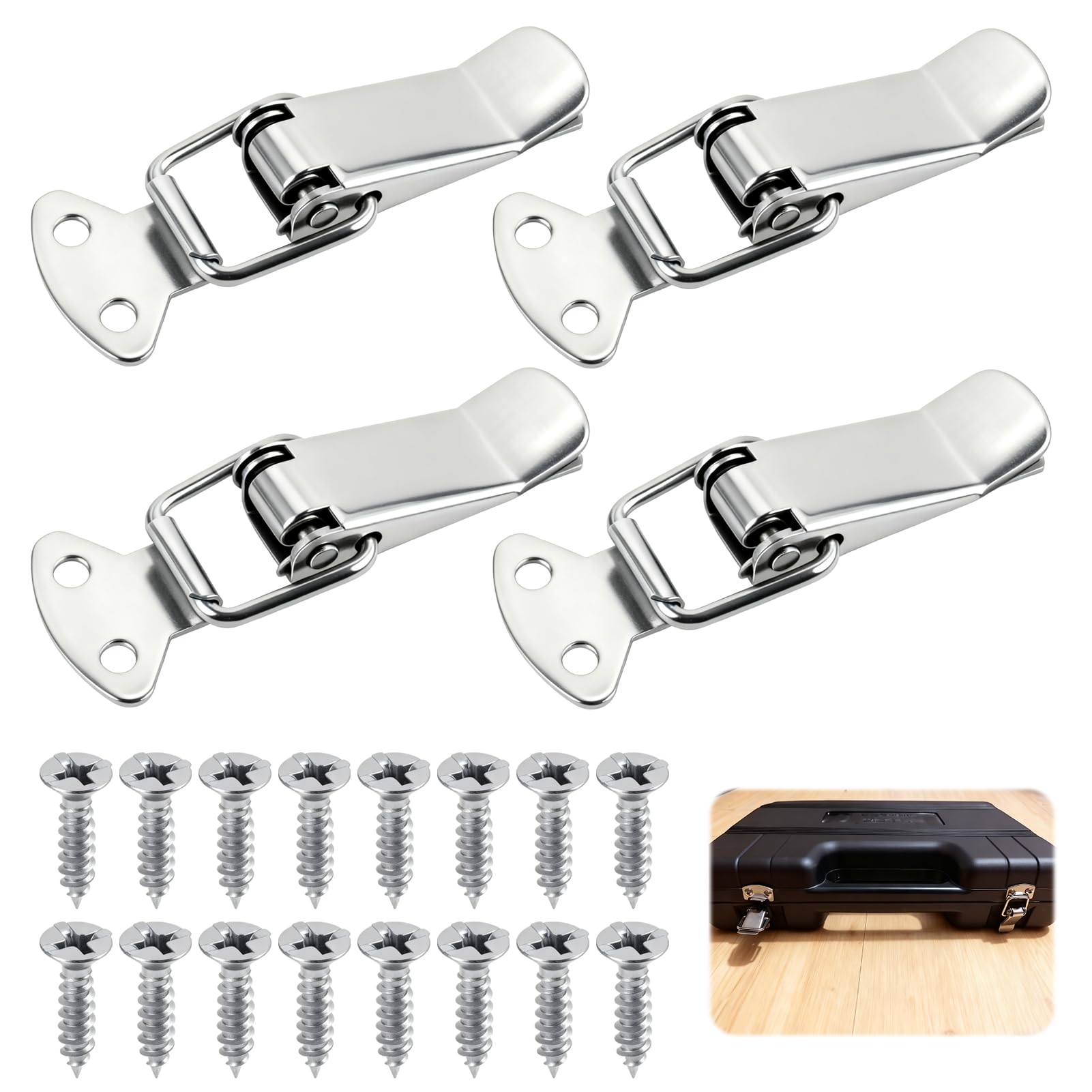 4 Pack Stainless Steel Tension Clasp with Screws, 56mm Spring Toggle Latch Hasp, Rustproof Safety-Edged Tension Clasps for Toolbox Cabinet Drawer Case Trunk Shed Flight Box Compartment - Silver