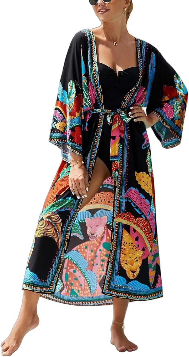 Women’s Kimono Cover Up Long Beach Dress Swimsuit Cover Ups Colorful Cardigan Lightweight Robe for Swimwear