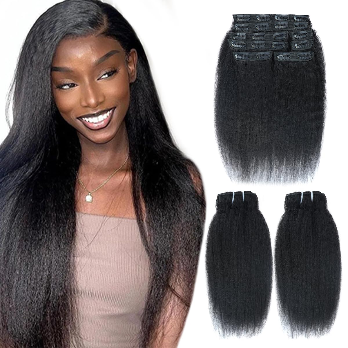 Kinky Straight Clip ins 16 Inch 2 Pack 200g Clip in Hair Extensions Real Human Hair Yaki Straight Clip ins for Black Women Double Weft Full Head