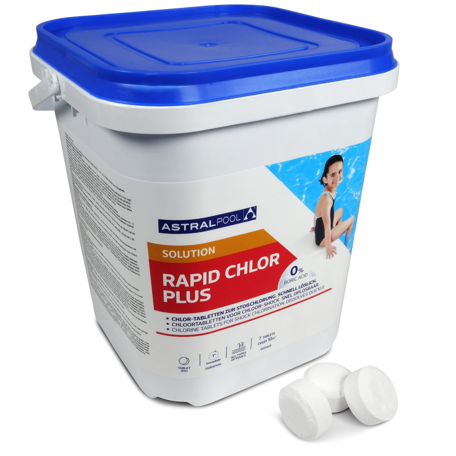 Astral Pool Rapid Chlor Plus 5 Kg Schnelllöslicher Chlor-Fixtab 30g zur Stoßchlorung Schockbehandlung Basisbehandlung Schnelldesinfektion