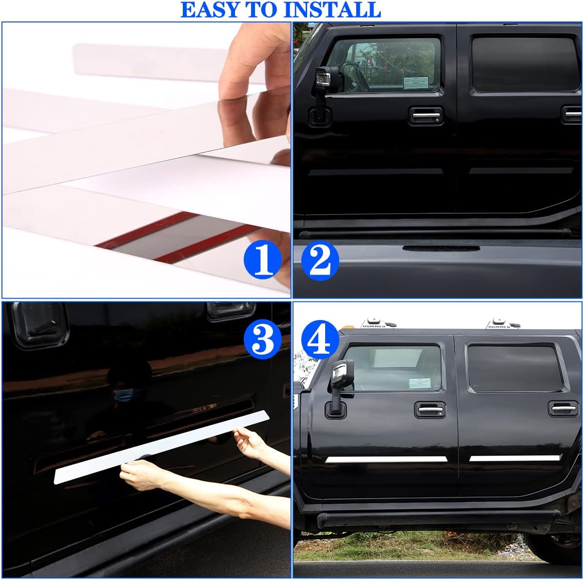 Body Side Door Molding Trim, Stainless Body Molding Insert Trim Kit Compatible with Hummer H2 2003-2009, Car Door Protector Kit, 4PCS (Flat Style)